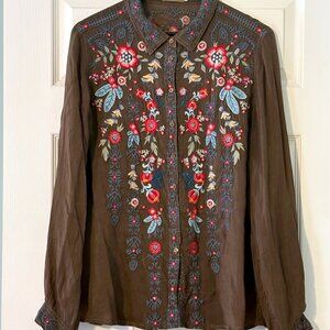 Johnny Was Olive-brown Embroidered Tunic Size L
